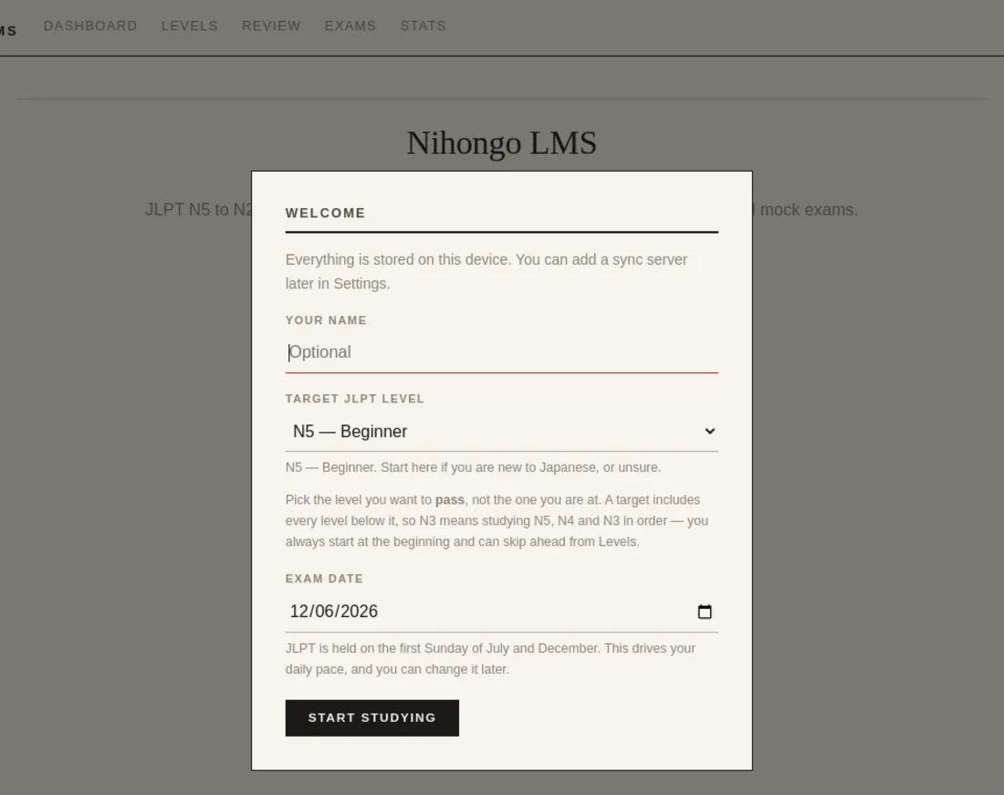 Nihongo LMS welcome screen asking for a target JLPT level and exam date